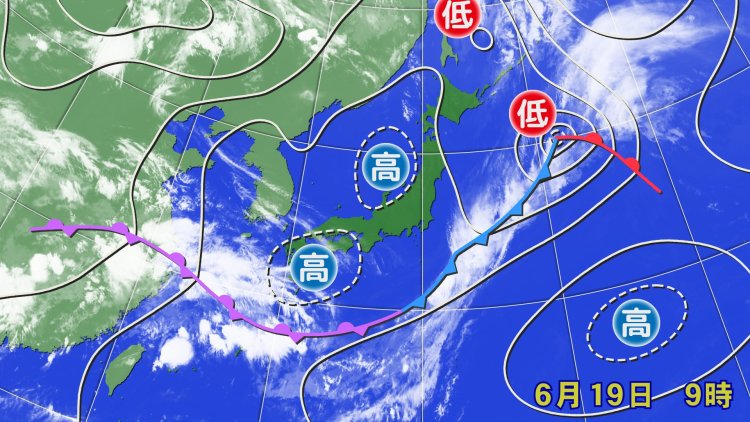 梅雨前線が南に下がる時、比較的過ごしやすい梅雨の晴れ間に（画像＝ウェザーマップ）。