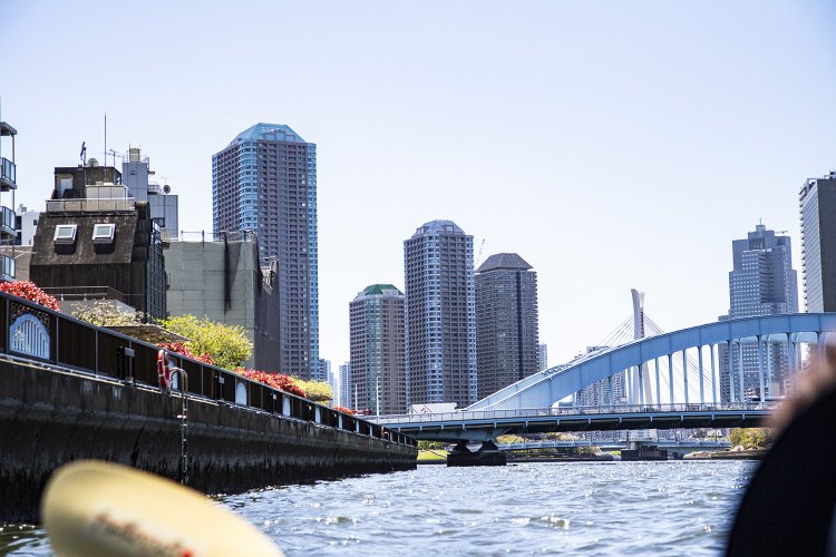 日本橋川に入る手前、下流を望む。永代橋と、その向こうに石川島のマンション群が見える。