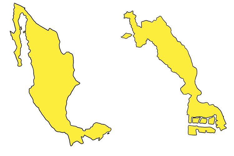 川崎市（右）とメキシコの地図。大きさ、方位は違えど、形はそっくり！