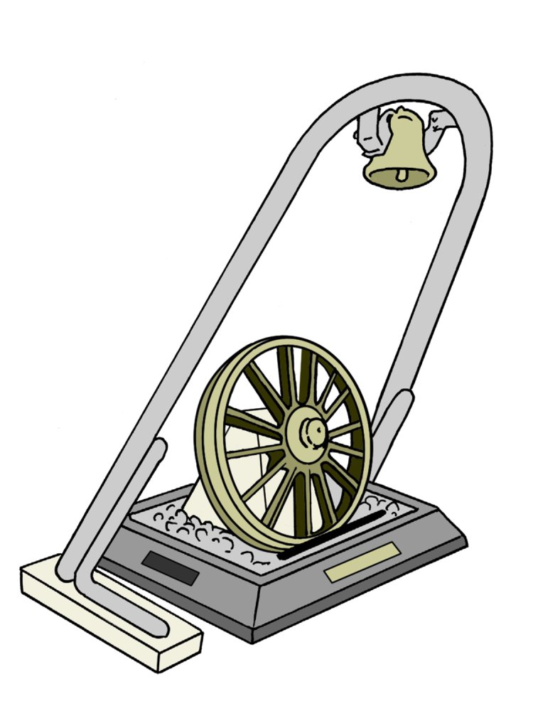 車輪の上部には、もともとディーゼル機関車の床下に付いていた鐘を利用した「希望の鐘」が設置されている。