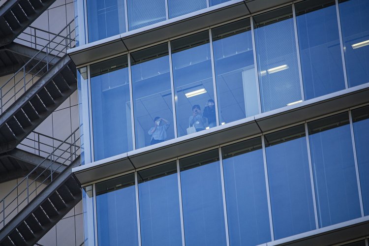 カヤックから見上げた編集部。肉眼だとギリギリ人を判別できるかどうかの遠さだった。