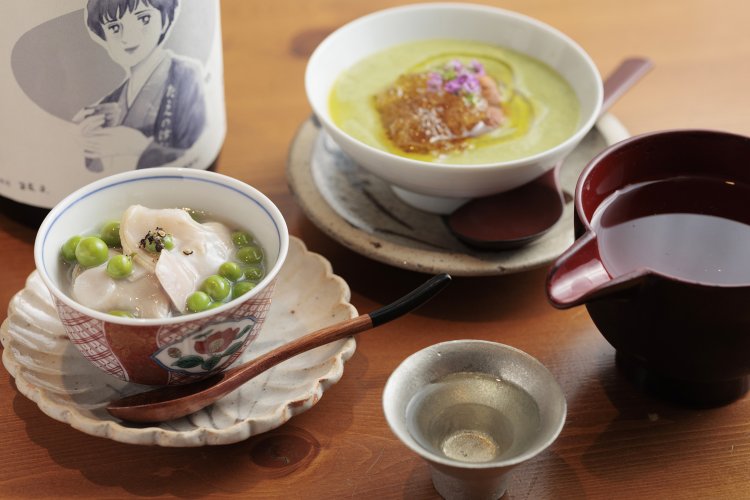 ズッキーニのポタージュ/ 蛤の茶わん蒸し×るみ子の酒 特別純米無濾過生原酒【三重】。