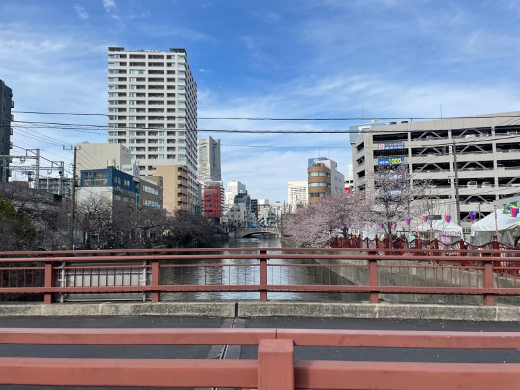 旭橋人道橋から河口方面を見る。左に見えるのは京急本線の高架。