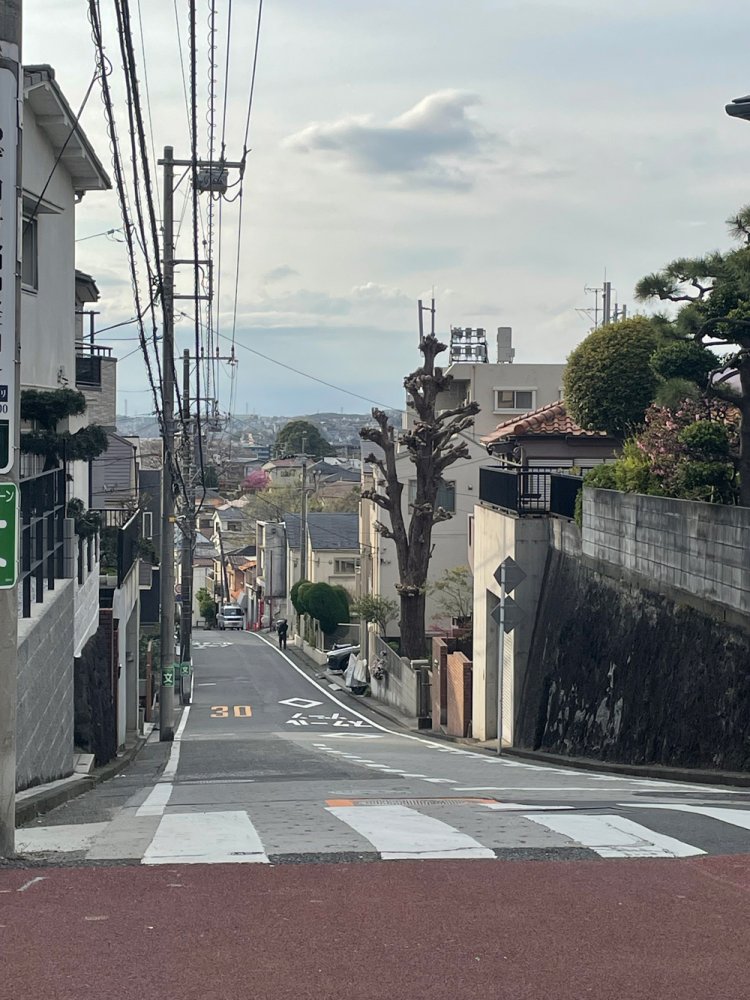 坂の頂上からさらに相模原方面に延びる水道道。また下り坂になっている。