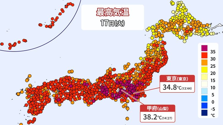 2025年6月17日、広い範囲で梅雨明けのような猛暑に（画像＝ウェザーマップ）。