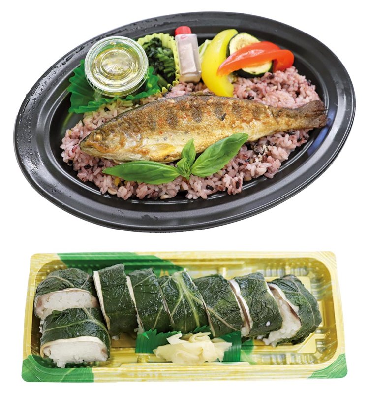 「熊野産あまごのオイル煮（コンフィ）きゅうりのサルサ弁当★」と「めはりさんま寿司★」。