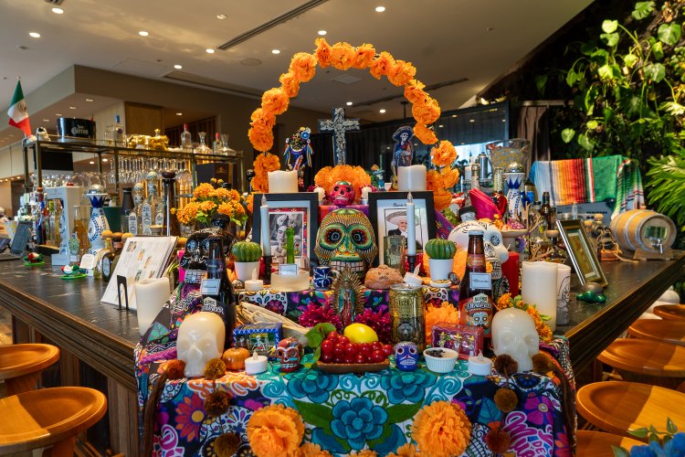 入り口にある「死者の日」の祭壇。メキシコの人にとって大切な飾り付けとのこと。