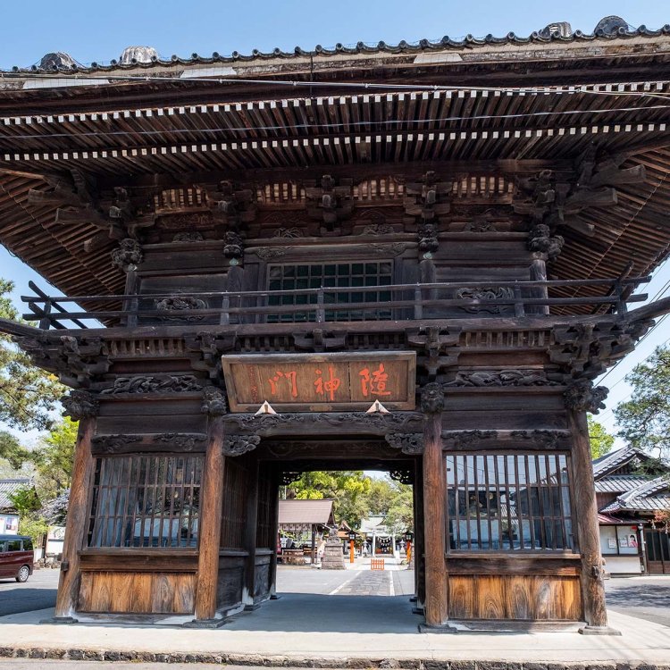 彫刻を施した入母屋造瓦葺の楼門である隨神門から長い参道の先に拝殿を見通す。