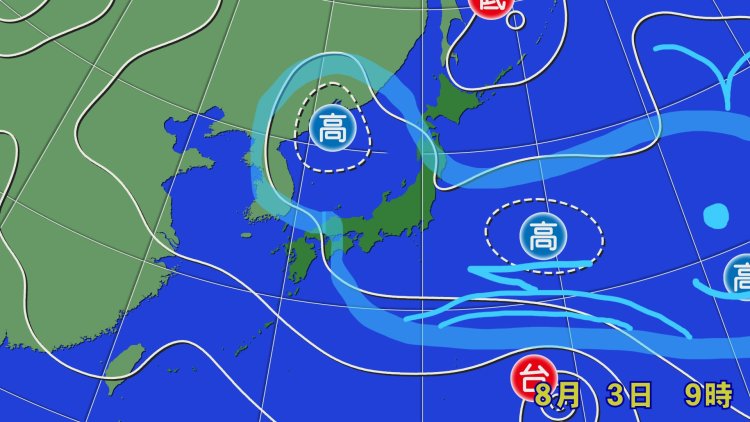 図1「クジラの尾型の天気図」2019年8月3日、全国的に真夏日・猛暑日が続出し、久留米（福岡）で38.4度を観測した（画像＝ウェザーマップ、追記〈クジラの絵〉＝片山美紀）。