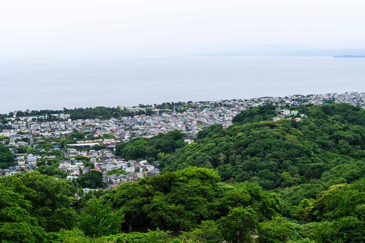 西湘エリア。高麗山公園（湘南平）から望む大磯エリアは山の中腹に別荘が点在。