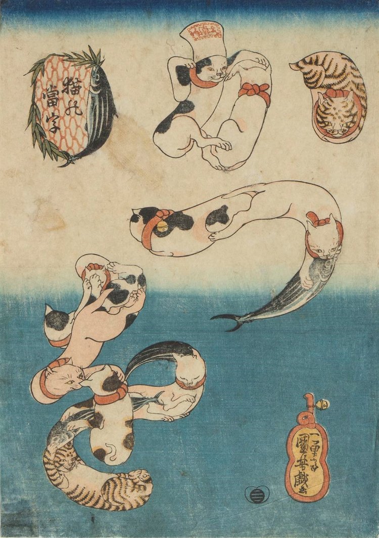 歌川国芳《猫の当字かつを》個人蔵。