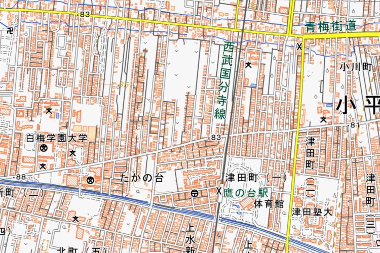 地理院地図（国土地理院）より、電子国土基本図（ズームレベル15〜17）を加工して作成。小平市小川町あたり。たしかに、細長い「短冊」のようにサクサクと割られている。