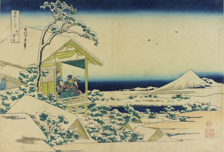 葛飾北斎「冨嶽三十六景　礫川雪ノ旦」。