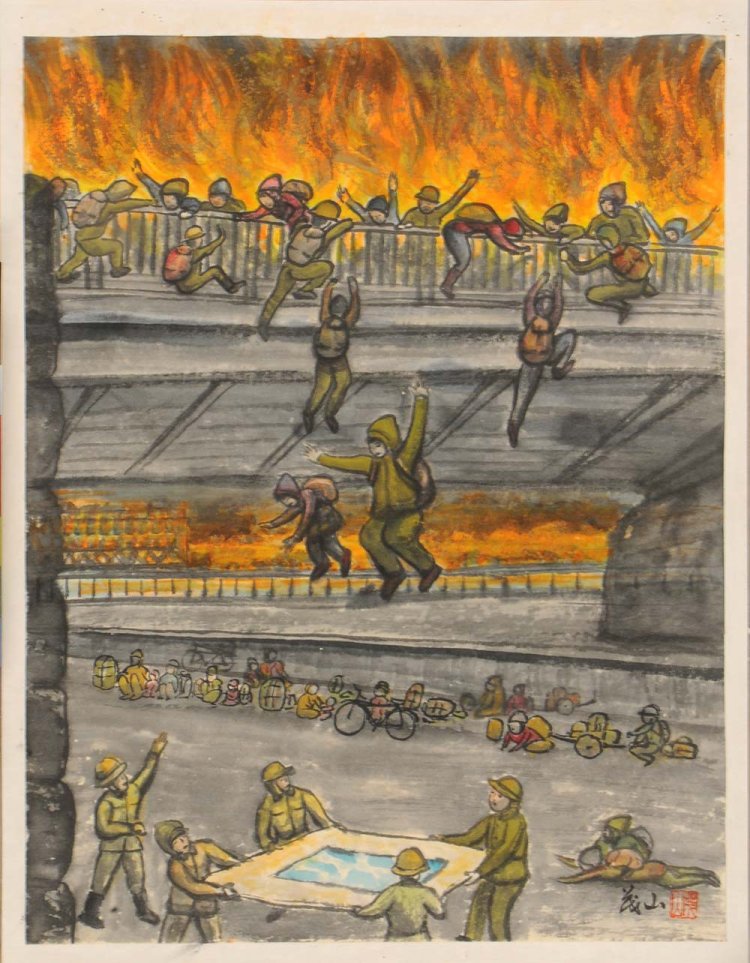 「炎に覆われる言問橋」作者：小倉茂山／日時：1945年3月10日未明／場所：隅田川・言問橋（現墨田区側）／当時の年齢：21歳／火に追われ言問橋の下に避難した作者。両端を火に挟まれ逃げ場のない人を助けようと、借りた布団を数名で広げた。7、8人を助けたが、老人や女性、子供の多くは飛び降りられず亡くなった。