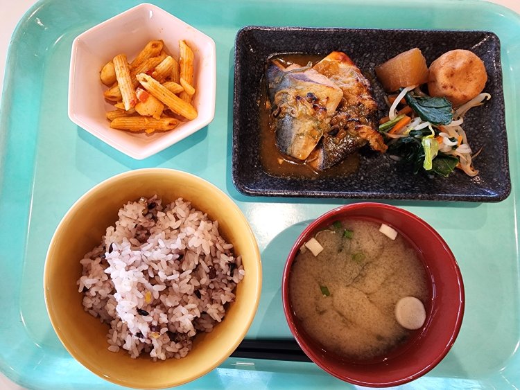 ヘルシー定食・さばのねぎ味噌焼き700円。ご飯は十五穀米、小鉢はマカロニナポリタンをチョイス。