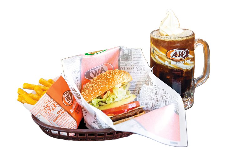 モッツァバーガーのスーパーフライ（S）コンボ1070円。ルートビアは＋50円でフロートに変更できる。イートインではおかわり無料！