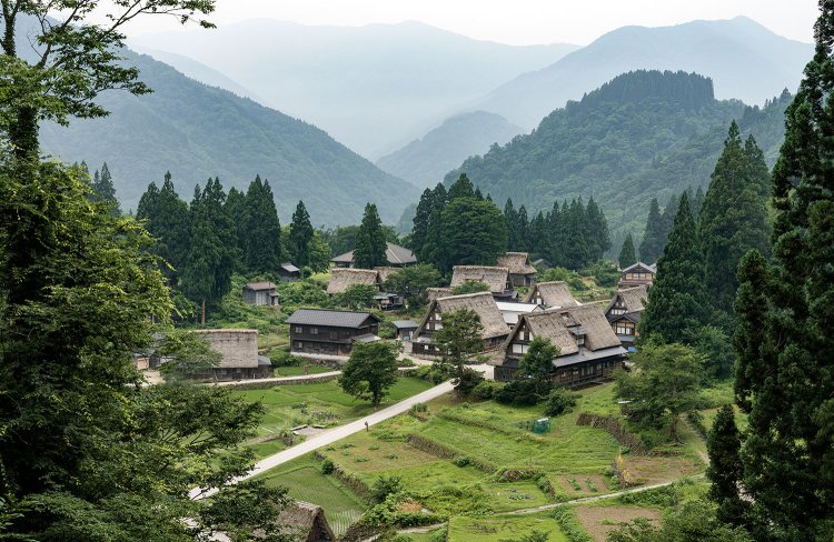 展望台から眺めた朝もやに包まれた相倉集落（撮影＝若井 憲）。