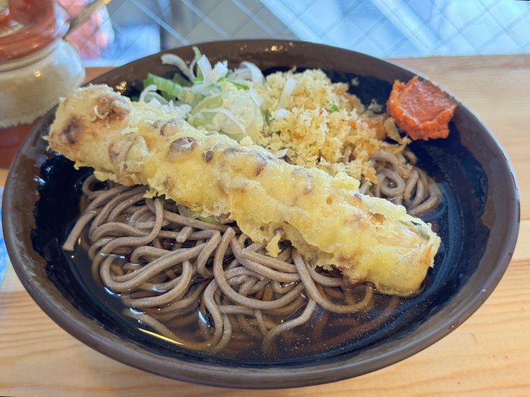 ちくわ天そば冷やしで500円。丼のふちの赤いやつがポイント。