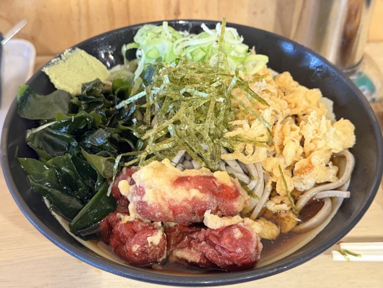 冷やしたぬき並500円に赤ウィンナー天140円。かなりのボリューム。