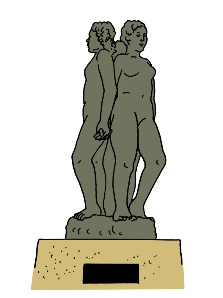 中央改札外にある「翼の像」と同じ、彫刻家・朝倉文夫の作。3人の女性は「智・情・意」をあらわすとされる。