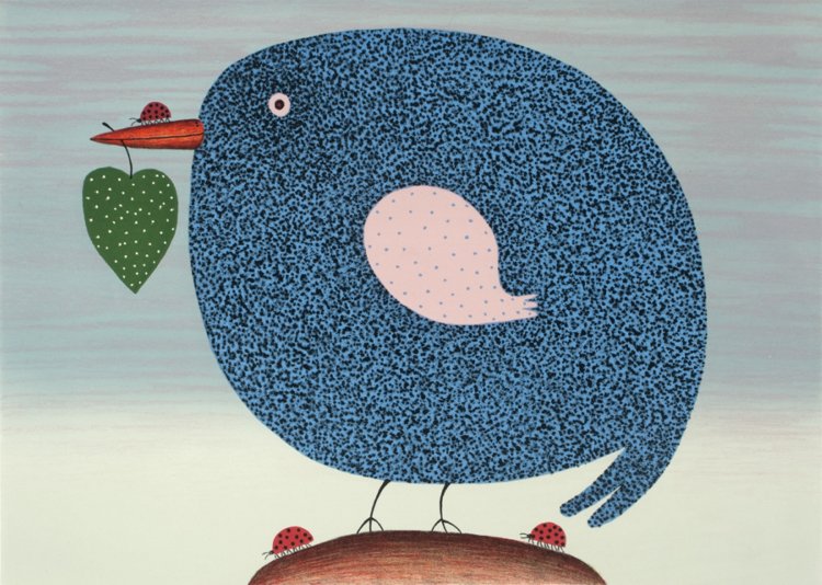 《青い鳥》Blue Bird 2015年 リトグラフ、紙　個人蔵。