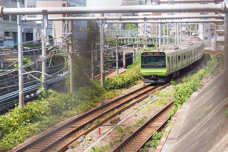 古レールが使われている白金桟道橋から眺める山手線。