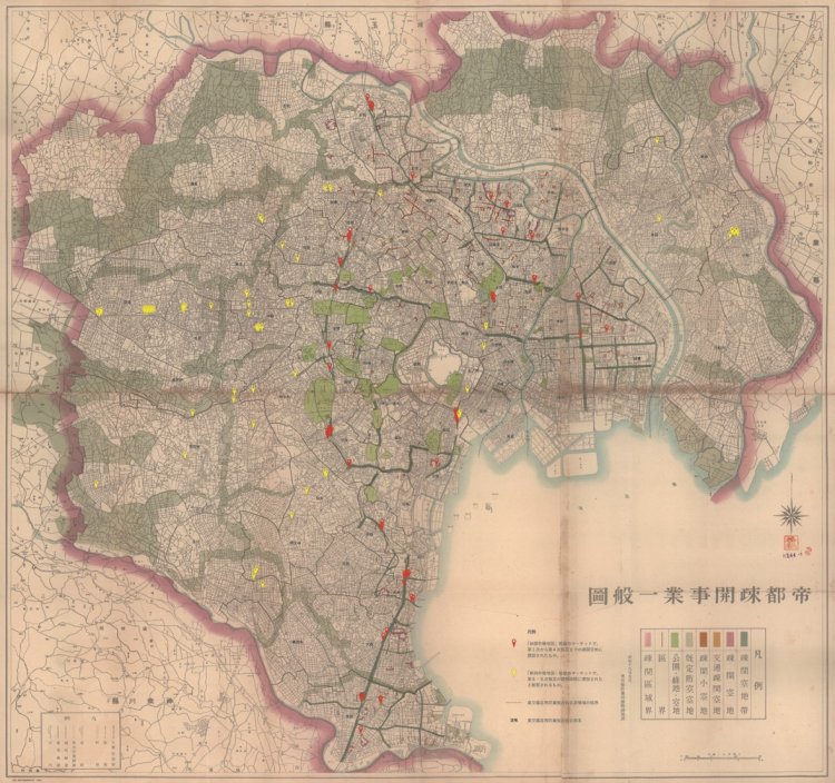 東京23区内の建物疎開跡地に形成されたマーケットの分布（「帝都疎開事業一般図」1944年に2025年加筆）。