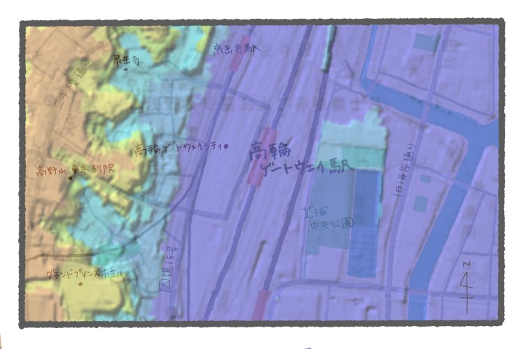 国土地理院地図の標準地図・標高図・陰影起伏図を加工し重ねたもの。