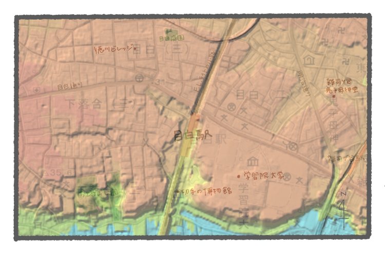 国土地理院地図の標準地図・標高図・陰影起伏図を加工し重ねたもの。