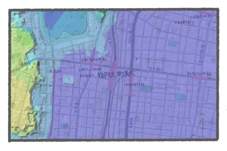 国土地理院地図の標準地図・標高図・陰影起伏図を加工し重ねたもの。