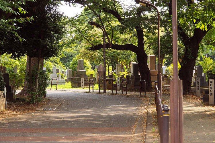 にぎやかな商店街とは打って変わって静かで広々とした園内。著名人らが眠る霊園からは荘厳な様子も感じとれる。