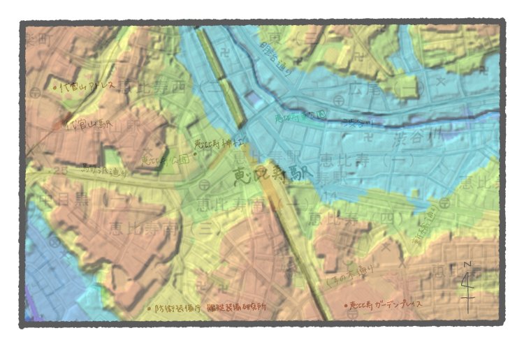 国土地理院地図の標準地図・標高図・陰影起伏図を加工し重ねたもの。