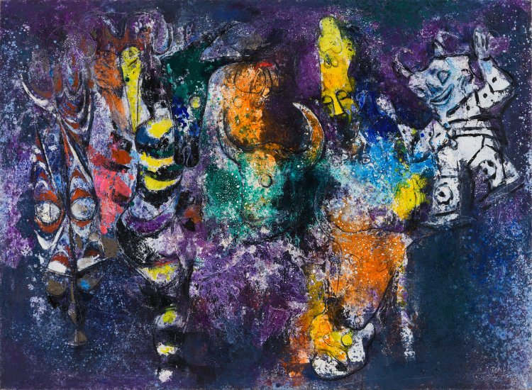 利根山光人《祝祭》1978年 油彩・キャンパス 聖徳大学・聖徳大学短期大学部蔵。