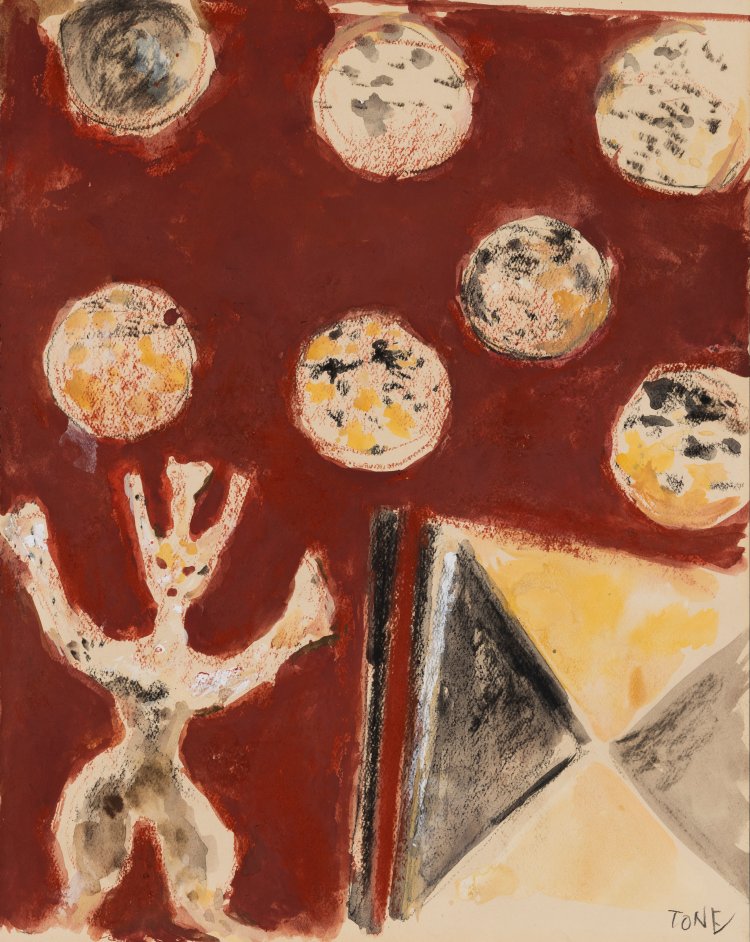 利根山光人《円文と人物》 チブサン古墳、熊本県山鹿市 1973年 コンテ・水彩・パステル・紙 一般社団法人アルテトネヤマ蔵。