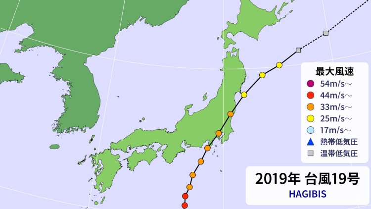 伊豆半島に上陸後、関東から東北へ接近した（画像＝ウェザーマップ）。