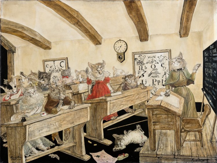 藤田嗣治《猫の教室》1949年『軽井沢安東美術館』蔵 (c) Fondation Foujita / ADAGP, Paris & JASPAR, Tokyo, 2025 G3942。