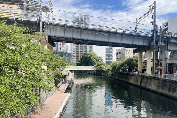大崎橋から下流を望む。手前に東急池上線、奥に見えるのがふれあいK字橋。