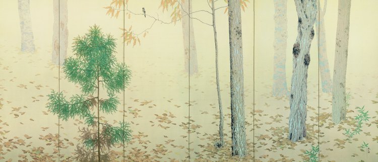 重要文化財　菱田春草「落葉」（右隻）明治42（1909）年 『永青文庫』蔵（『熊本県立美術館』寄託）※後期展示。