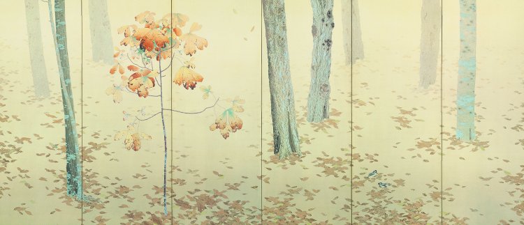 重要文化財　菱田春草「落葉」（左隻）明治42（1909）年 『永青文庫』蔵（『熊本県立美術館』寄託）※後期展示。