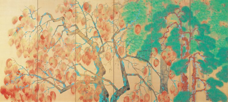 横山大観「柿紅葉」（左隻）大正9（1920）年 『永青文庫』蔵（『熊本県立美術館』寄託）※前期展示。