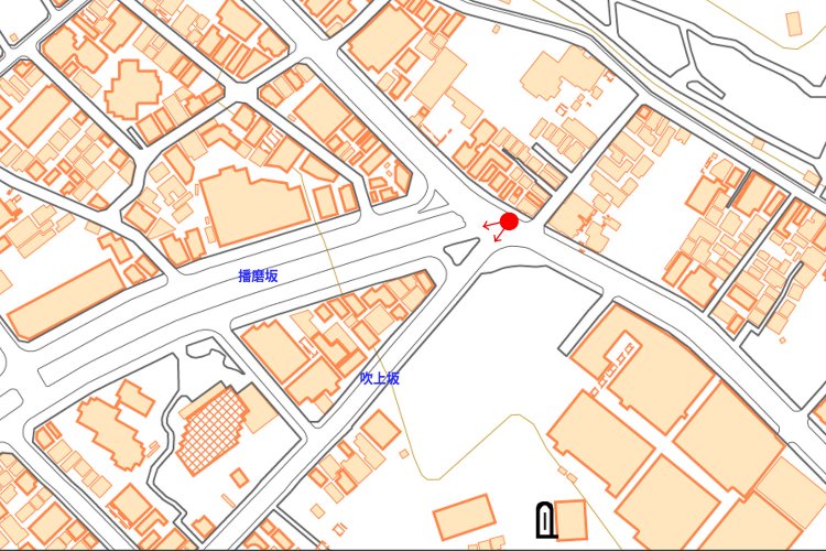 赤丸部分が撮影地点（国土地理院地図を加工）。
