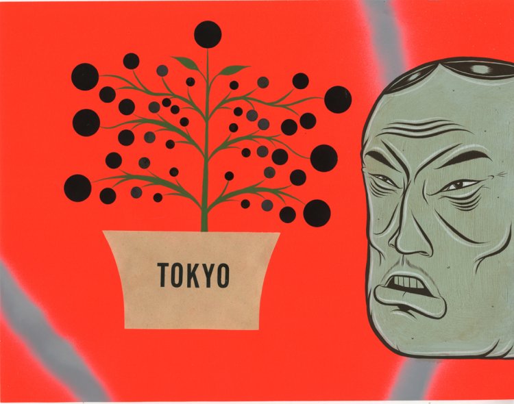 Barry McGee “Untitled” 2023,  gouache, aersol, and vinyl on paper。