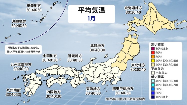 気象庁発表の3か月予報、1月の平均気温。2026年1月も冬らしい冬に（画像＝ウェザーマップ）。
