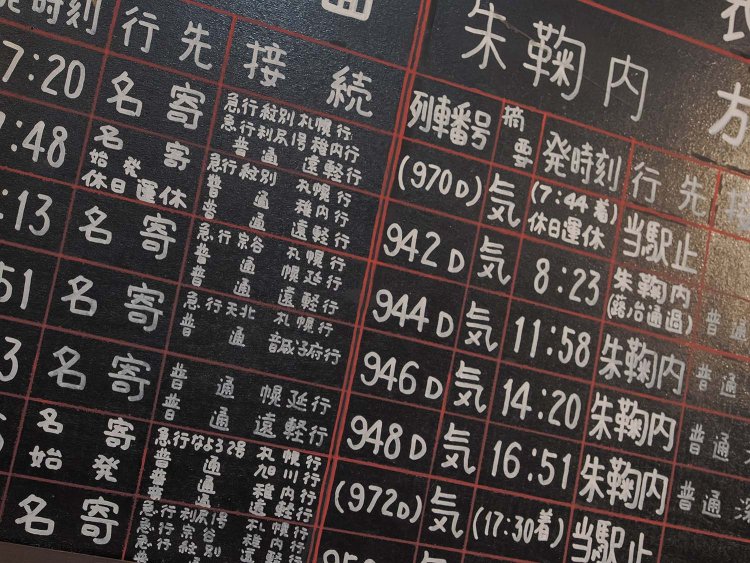 待合室（団らんスペース）に掲げられている時刻表。名寄本線の表示もあり、国鉄時代に道内を巡った人には郷愁を誘うだろう。