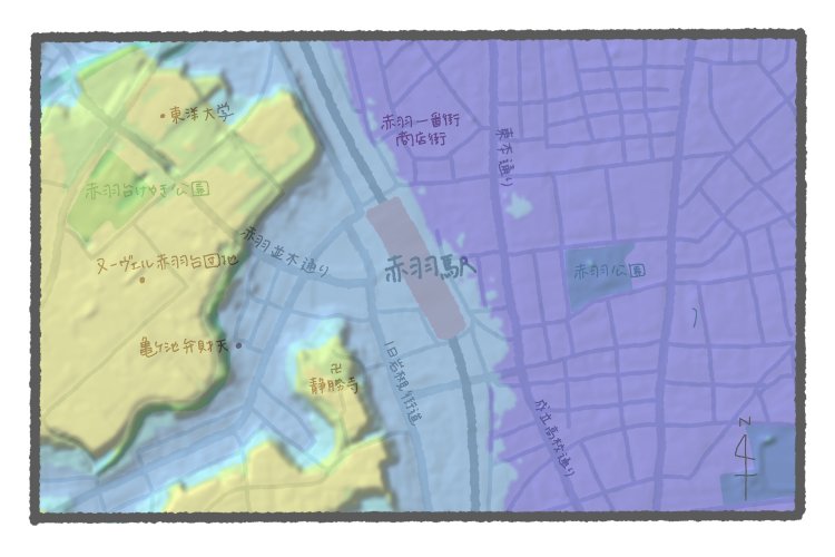 国土地理院地図の標準地図・標高図・陰影起伏図を加工し重ねたもの。