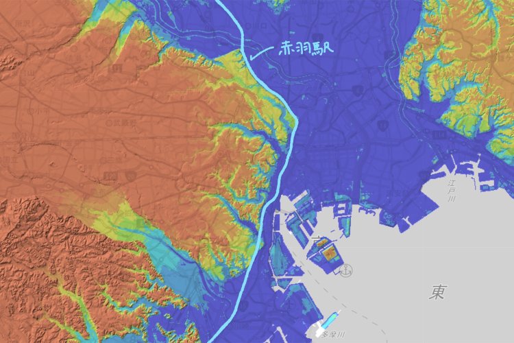 京浜東北線はココを走っている。国土地理院地図の標準地図・標高図・陰影起伏図を加工。