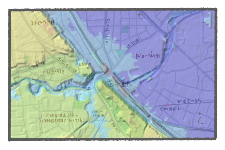 国土地理院地図の標準地図・標高図・陰影起伏図を加工し重ねたもの。