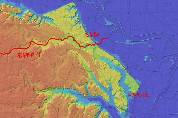 国土地理院地図の標準地図・標高図・陰影起伏図を加工し重ねたもの。
