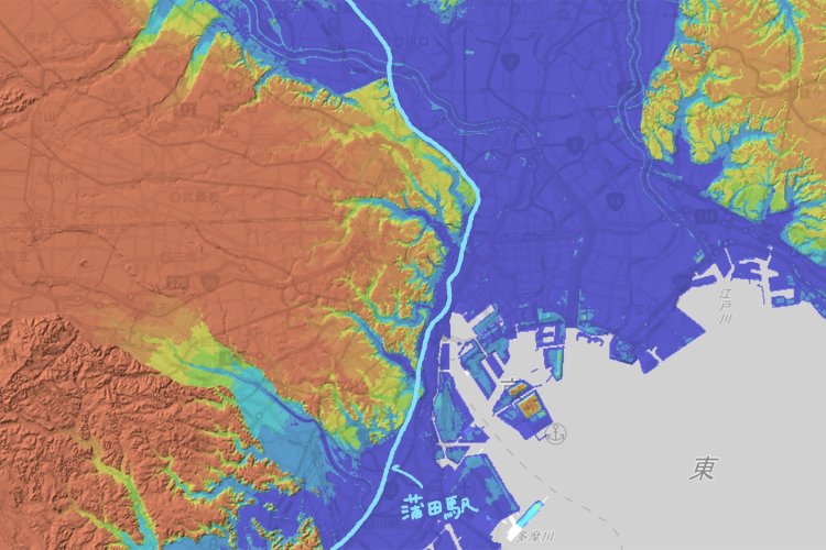 ちなみに蒲田駅周辺は平地。国土地理院地図の標準地図・標高図・陰影起伏図を加工し重ねたもの。