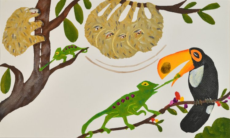 《『トコとグーグーとキキ』絵本原画》2004年 水彩、紙 『公益財団法人 泉美術館』蔵。